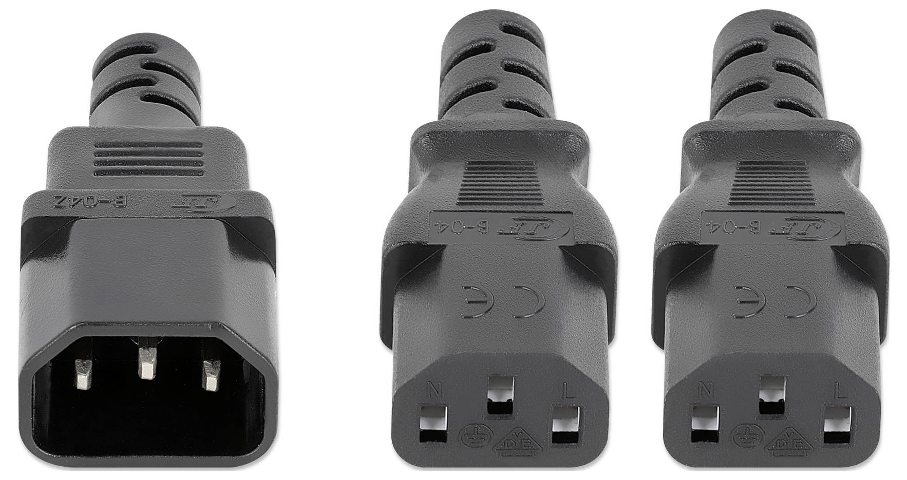 Drei schwarze IEC-Stromverbinder mit zwei Ansichten: Vorderansicht zeigt Metallstifte, und Rückansicht zeigt Verbinderlöcher.