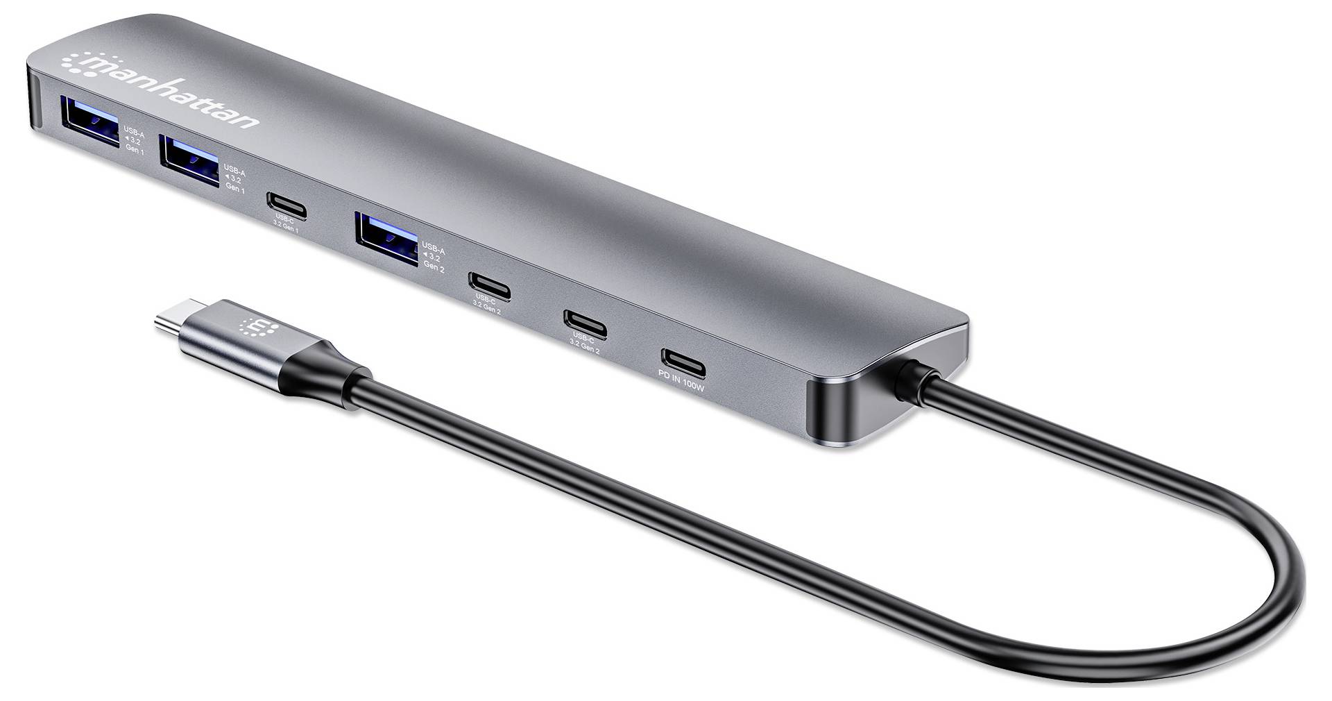 Ein schlanker, grauer Multi-Port-Adapter mit USB-C-Anschluss, ausgestattet mit mehreren USB- und USB-C-Anschlüssen.