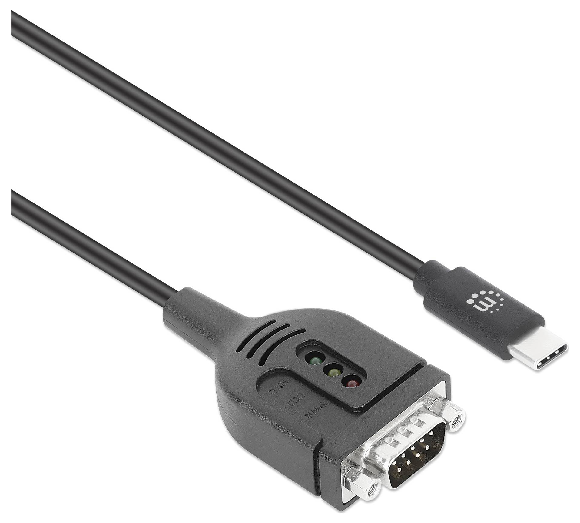 Ein schwarzes USB-C-zu-RS-232-Seriellkabel mit einem USB-C-Anschluss an einem Ende und einem 9-poligen Seriellstecker am anderen Ende.