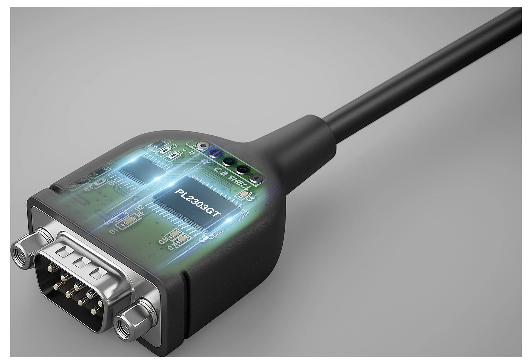 Eine Nahaufnahme eines schwarzen elektronischen Kabels mit transparentem Gehäuse zeigt eine Leiterplatte mit der Bezeichnung 