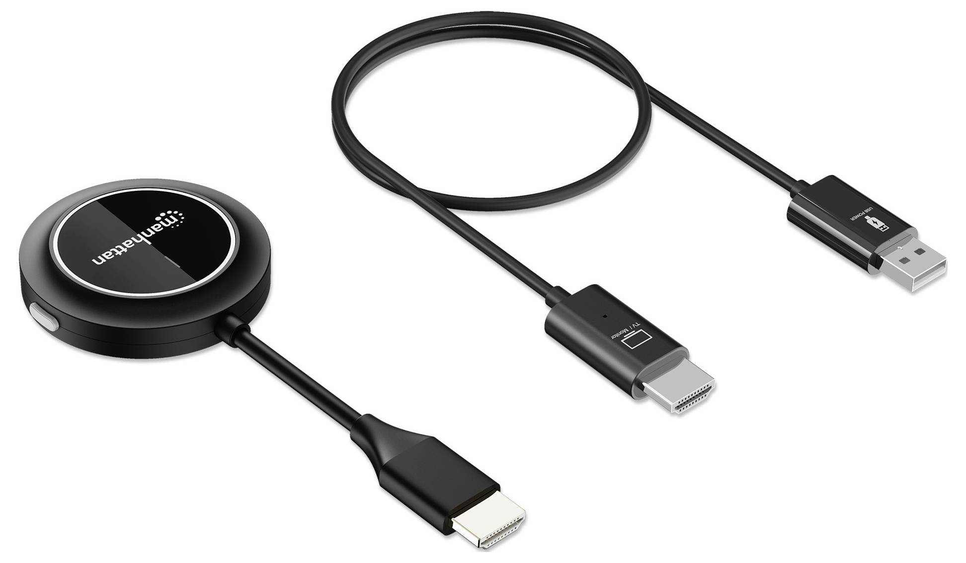Ein Desktop-Streaming-Gerät mit schwarzem Knopf, HDMI-Anschluss, USB-C und USB-Kabel, das für Displayverbindungen verwendet wird.
