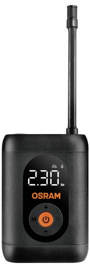 Digitales Reifendruckprüfer der Marke 'OSRAM' mit Anzeige '2.30 bar', Power- und Modustasten, Abschaltautomatik und angebrachter Düse.