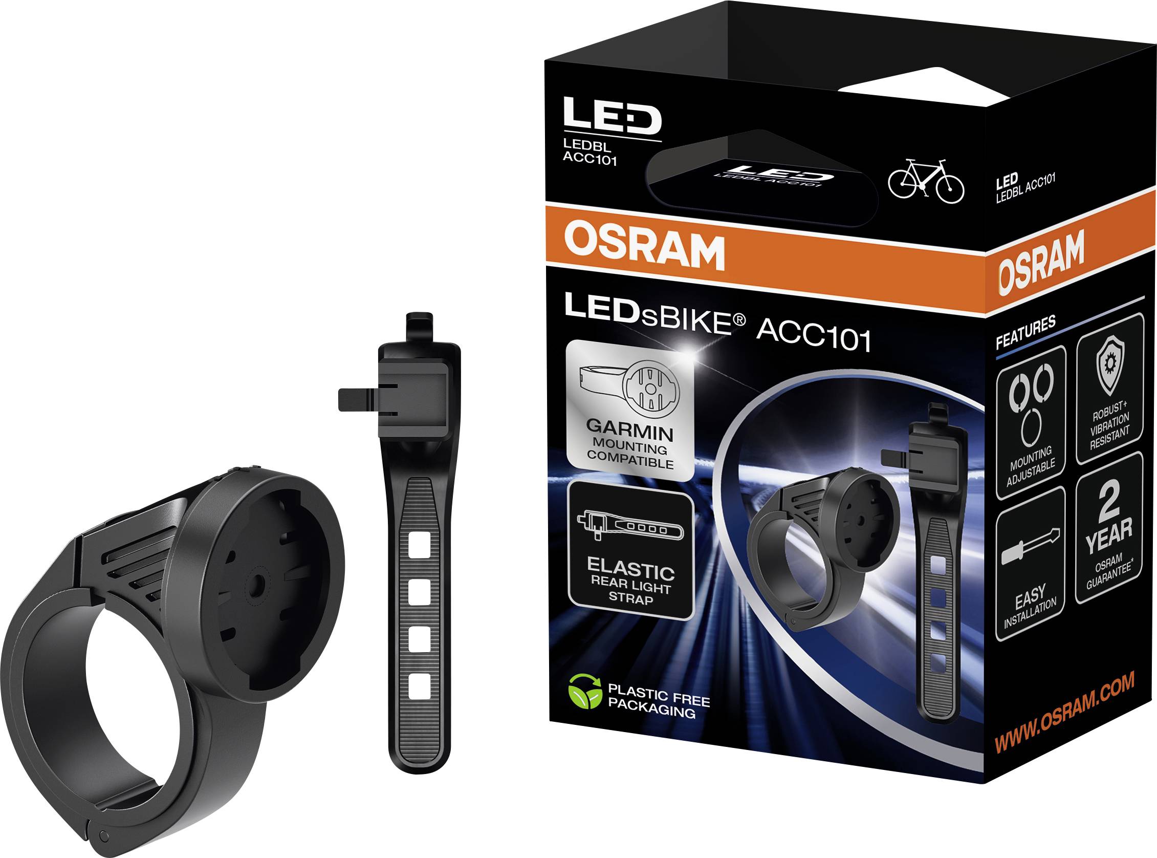 OSRAM LEDbike ACC101 Fahrradzubehör Verpackung und Komponenten; enthält eine Lenkerhalterung und einen elastischen Rücklichtgurt.