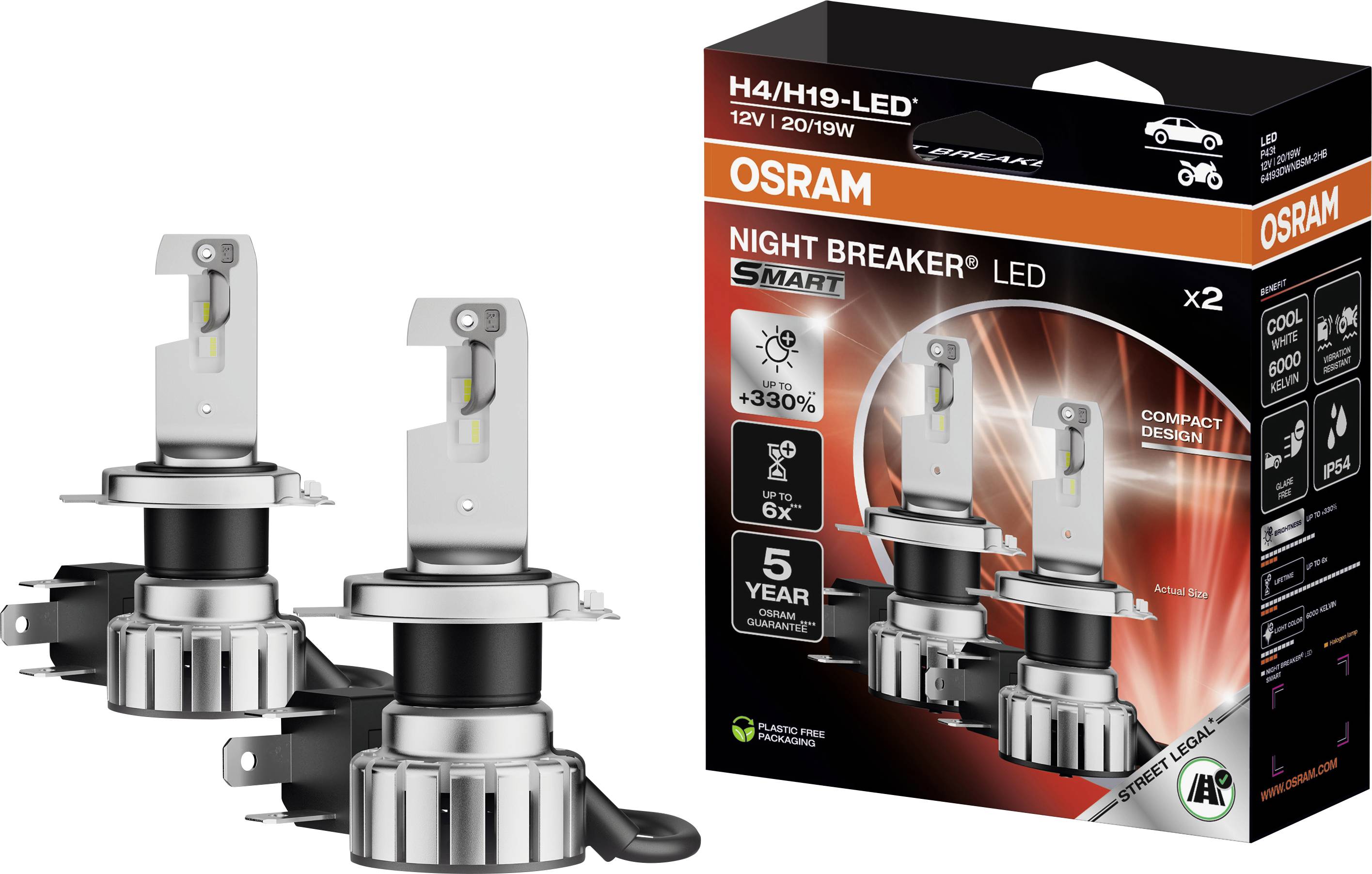 OSRAM Night Breaker LED Autoscheinwerfer Verpackung und zwei LED-Glühbirnen. Highlights: 12V, 20/19W, bis zu 330% heller, 5 Jahre Garantie.