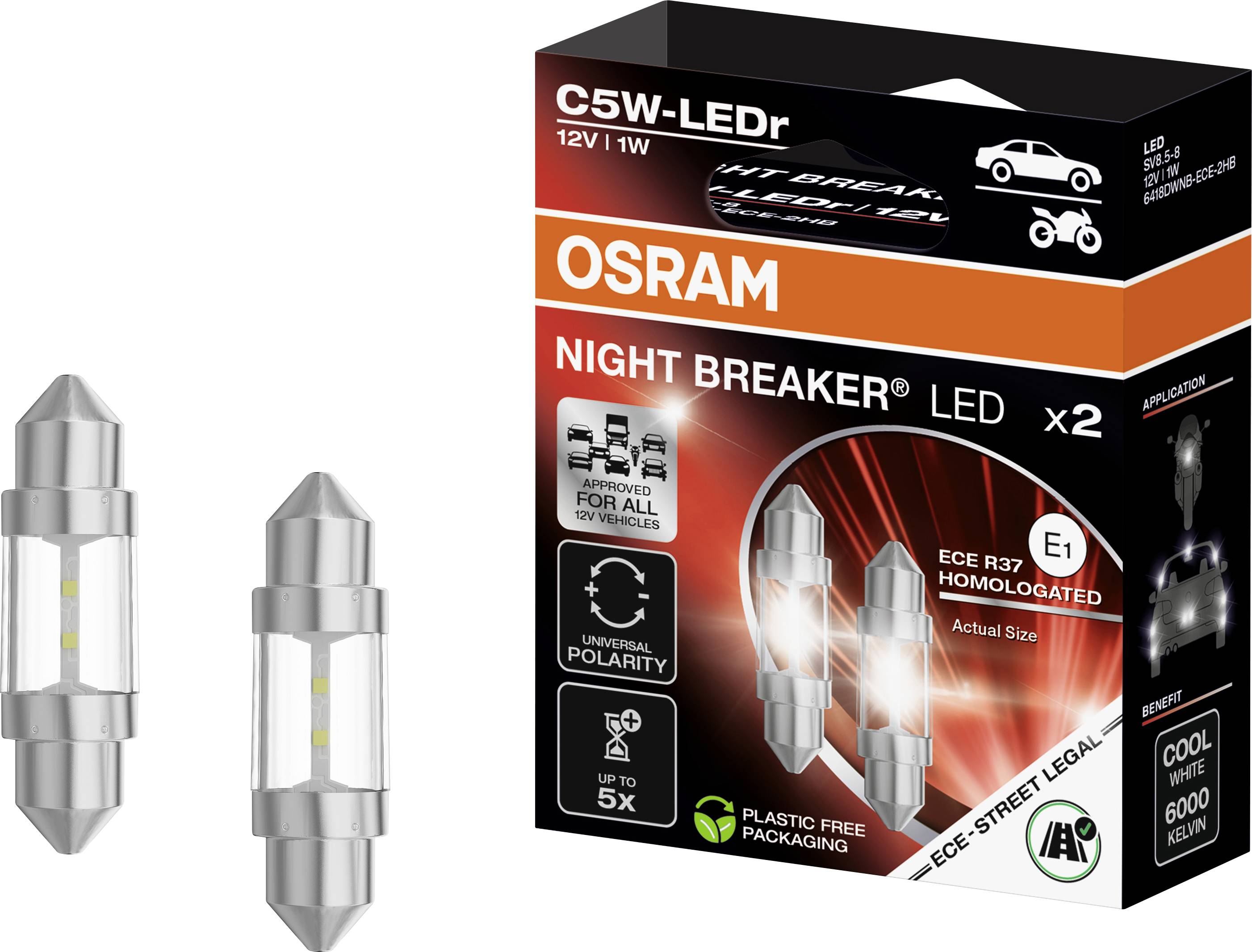 OSRAM Night Breaker LED Doppelpack für die Innenbeleuchtung von Automobilen. Merkmale: 12V, 1W C5W LEDs mit kühlem Weiß 6000K, plastikfreie Verpackung.