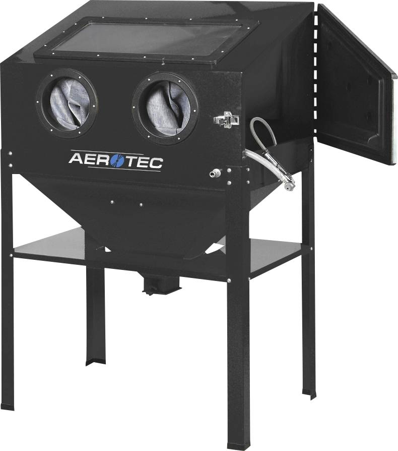 Schwarze Aerotec-Sandstrahlkabine auf Metallständer mit zwei Sichtfenstern und Seitenzugangstür.