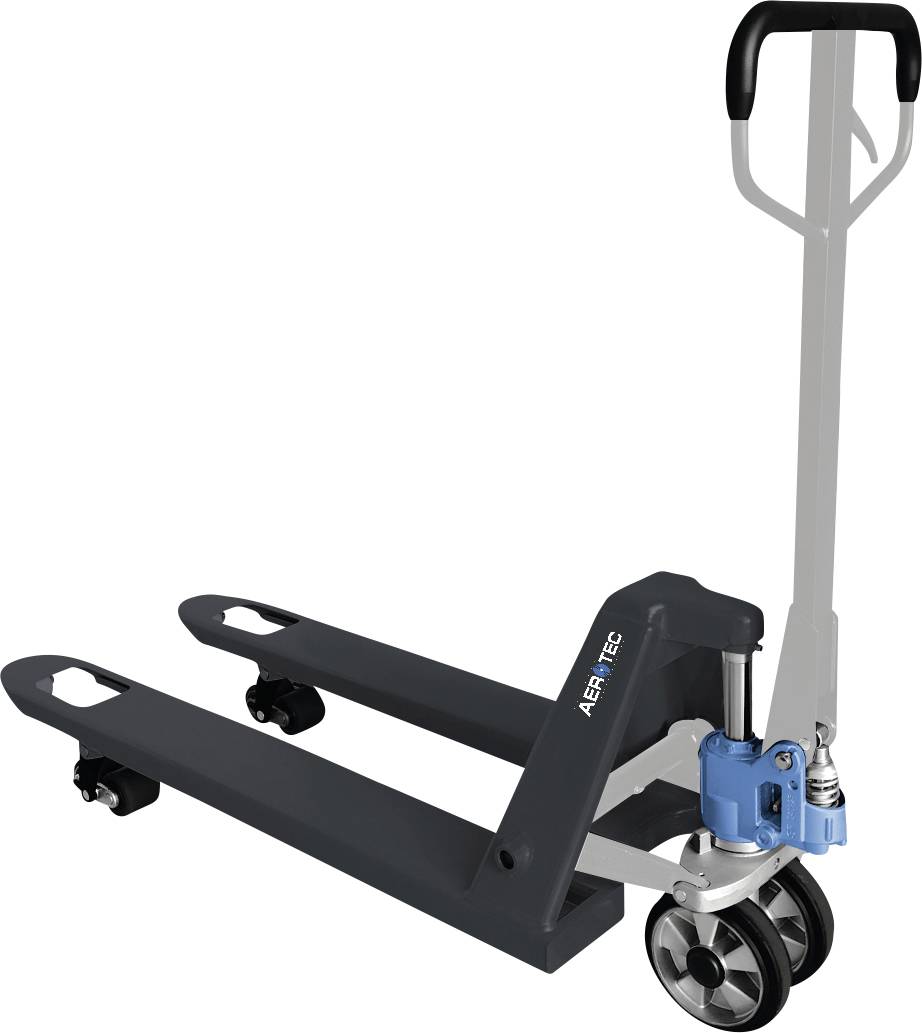 Manueller Hubwagen mit schwarzen Gabelzinken, blauer Hydraulikeinheit und grauem Griff auf weißem Hintergrund.