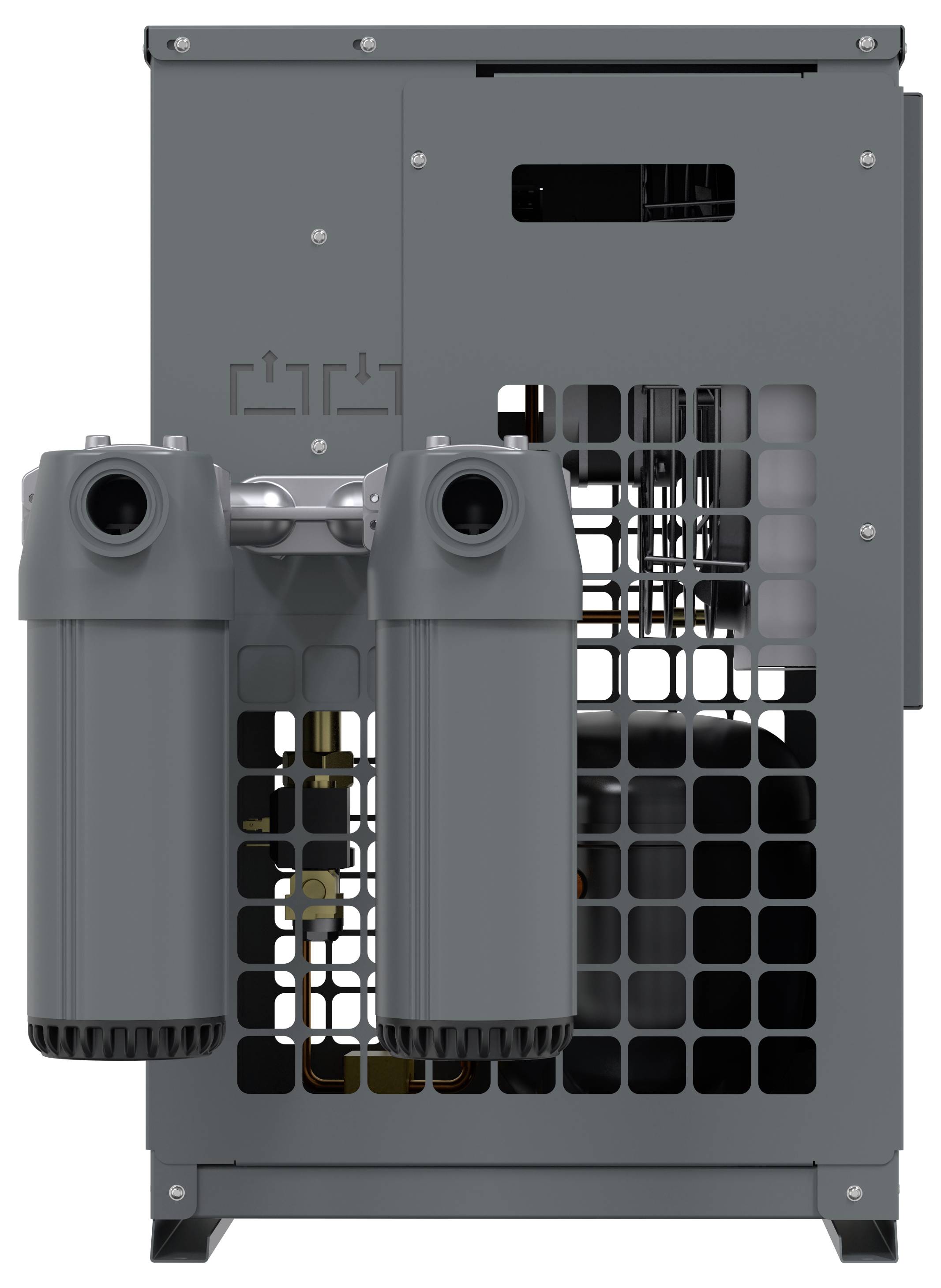 Graue Industriemaschine mit zwei vorne angebrachten zylindrischen Modulen und einem belüfteten Gitter, von hinten oder von der Seite gezeigt.