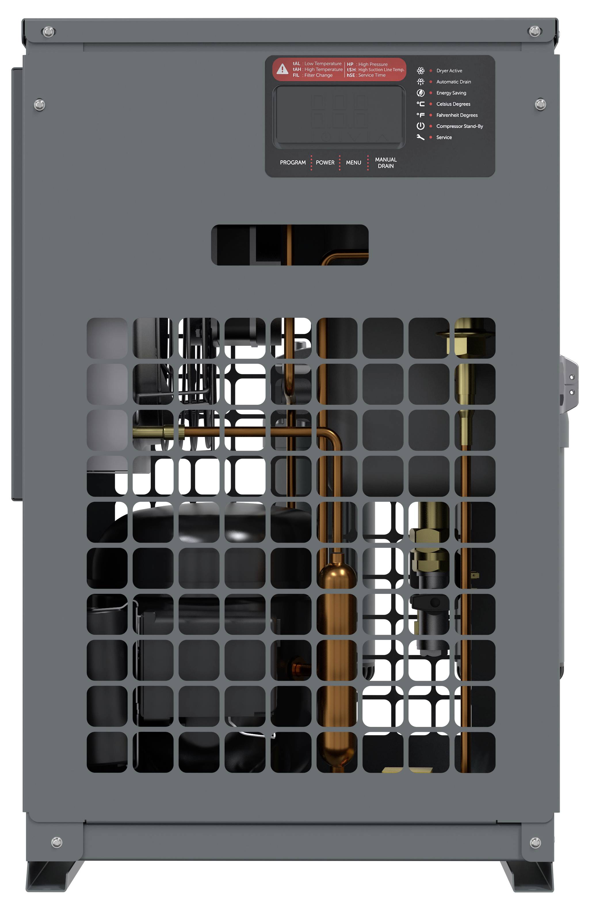 Vorderansicht eines grauen Industriemaschinen-Gehäuses mit einem schwarzen Gitterbelüftungsgitter, das interne Rohre und Komponenten hinter dem Panel offenbart.