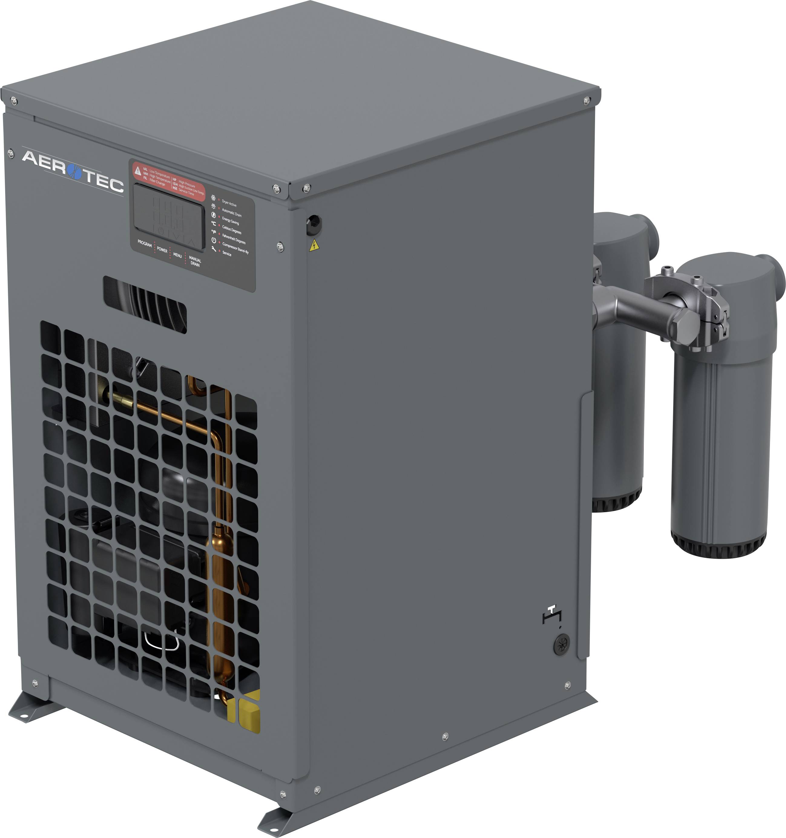 Gray Aerotec Industrie-Luftkompressor mit Frontgitter, Bedienfeld und doppelt seitlich angebrachten Filtern.