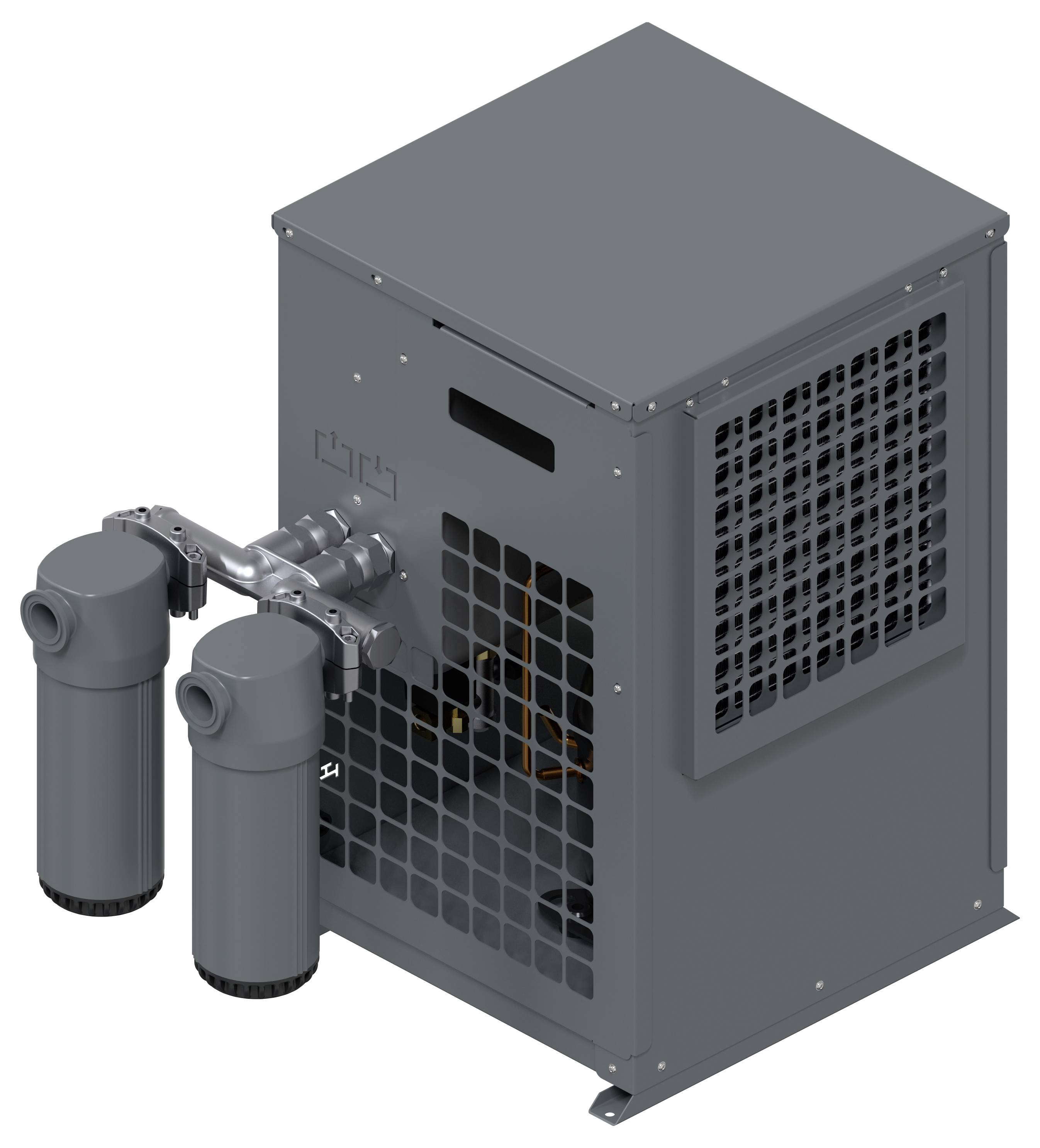 Industriemaschine mit zwei angebrachten zylindrischen Filtern/Pumpen, die an einem grau belüfteten Gehäuse befestigt sind, gezeigt in einer produktgestalteten isolierten Ansicht.