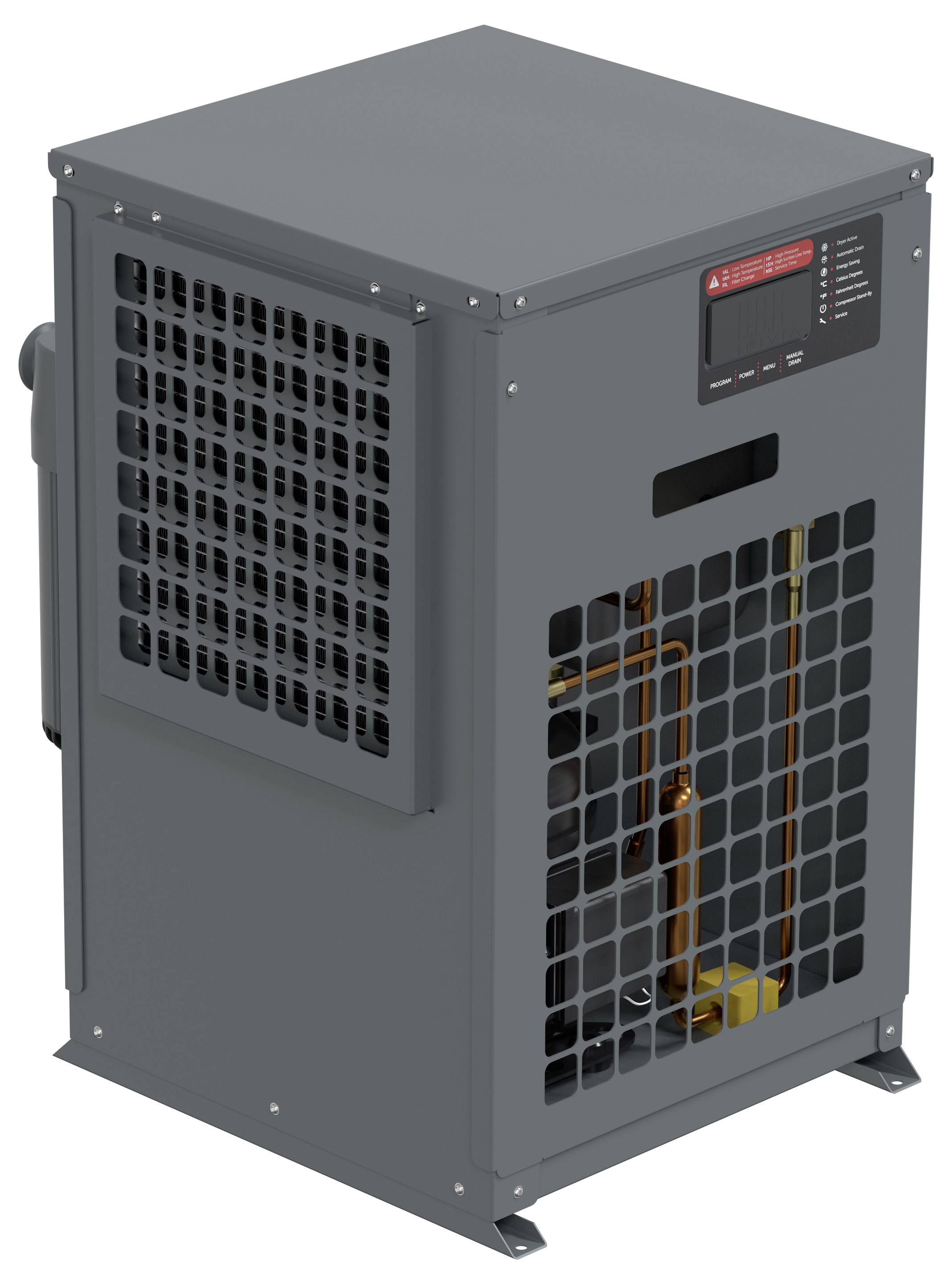 Grauer Industrie-Maschinenschrank mit belüfteten Seitenpaneelen, frontalem Bedienfeld und sichtbarem internem Mechanismus hinter einer Gittertür.