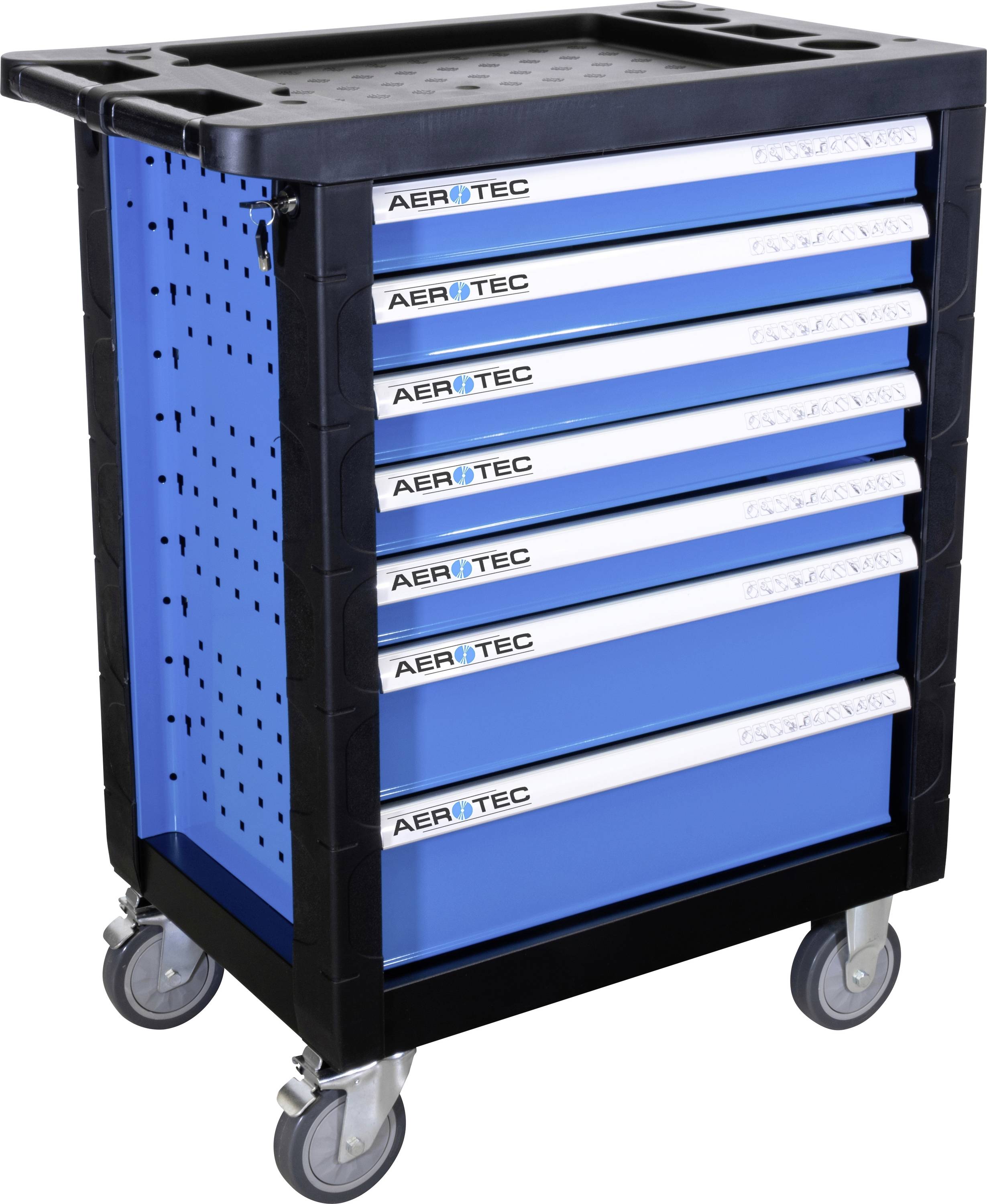 Ein mobiler Werkzeugschrank mit sechs blauen Schubladen, perforierten Seitenpaneelen und vier Rädern für einfache Bewegung.