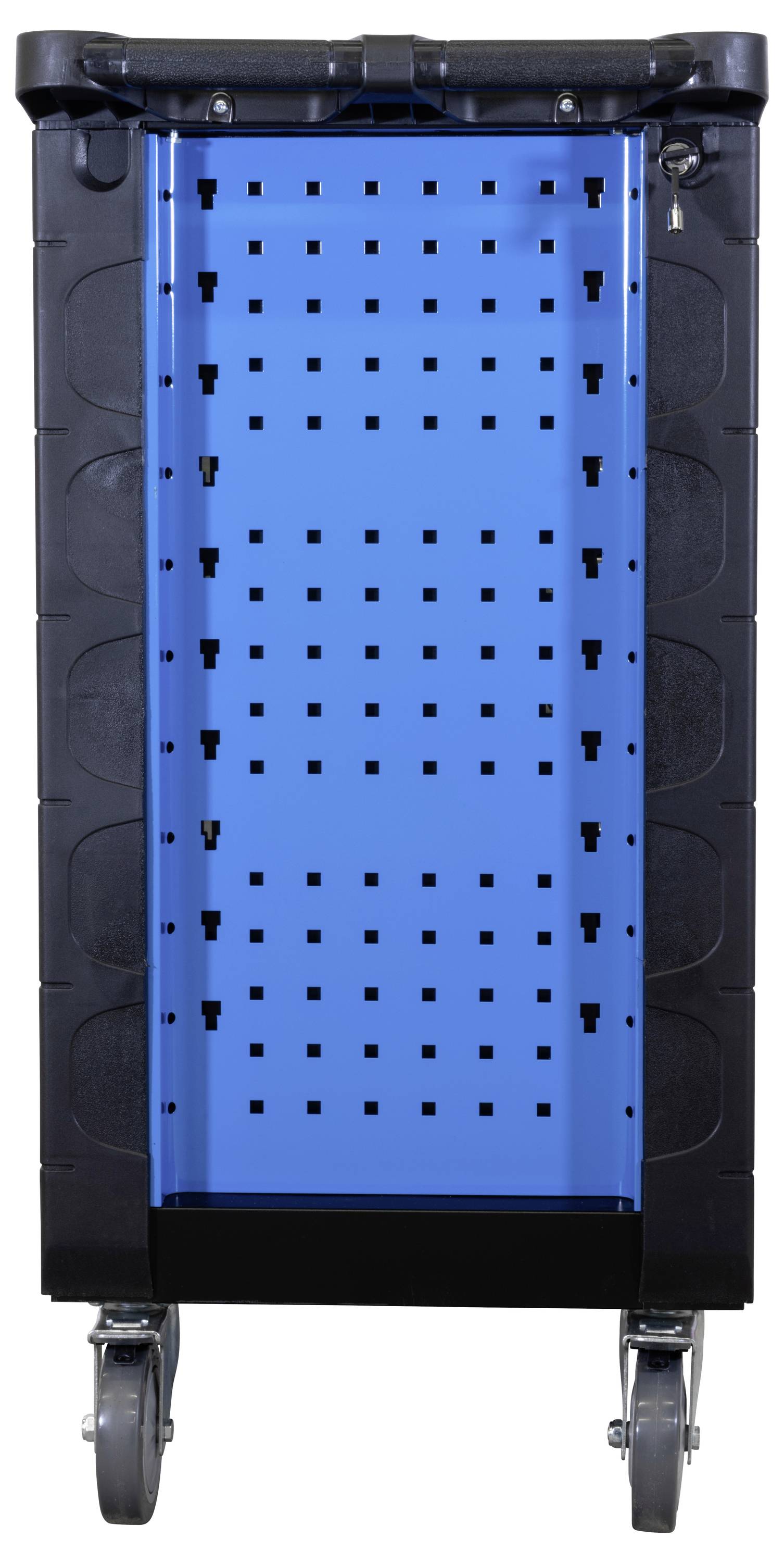 Ein schwarz-blauer Werkzeugwagen mit Rädern und einer perforierten Platte zum Aufhängen von Werkzeugen, dargestellt vor weißem Hintergrund.