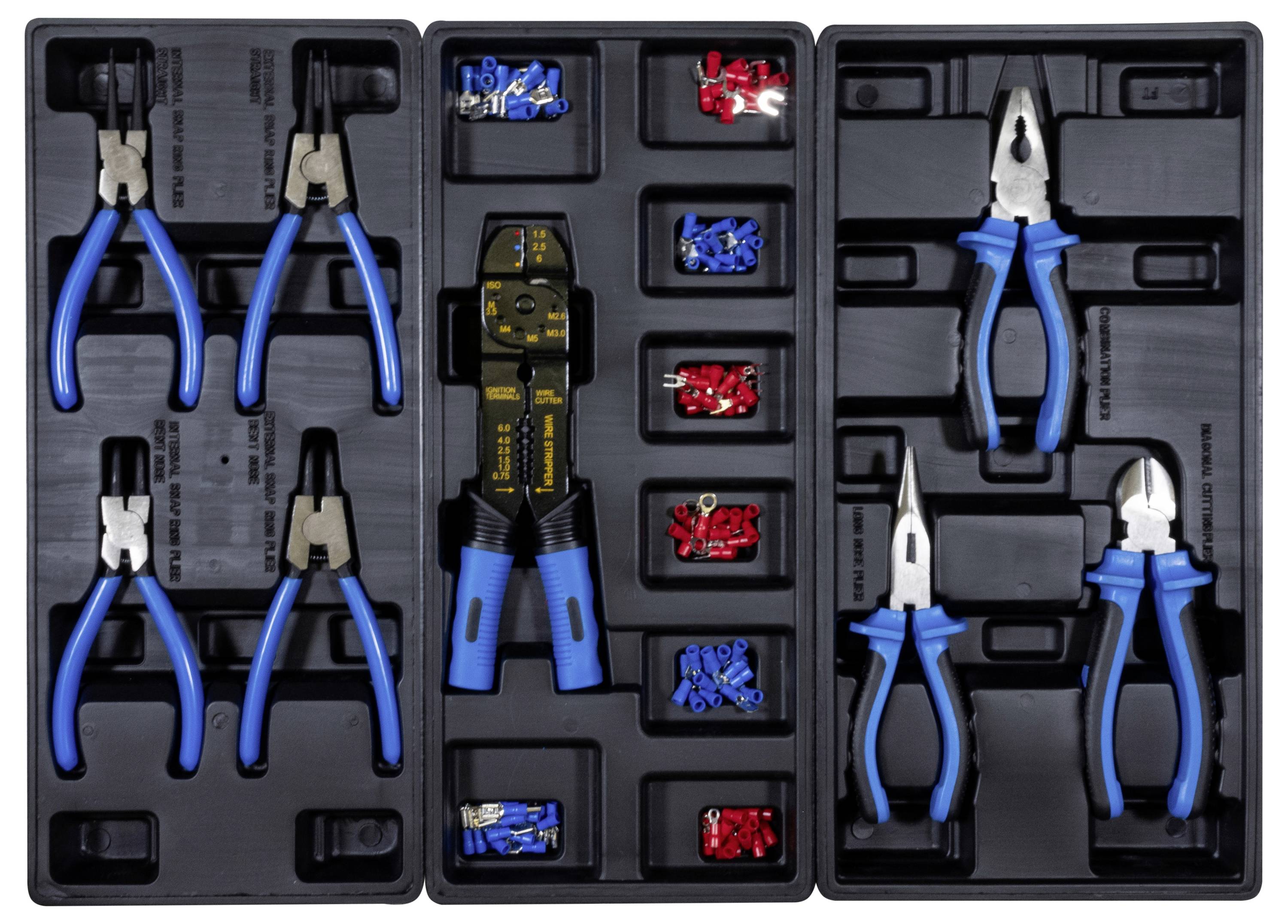 Ein Werkzeugsatz mit verschiedenen Zangen und einem Abisoliergerät, organisiert in einem Koffer. Blau- und Rotverbinder sind enthalten.
