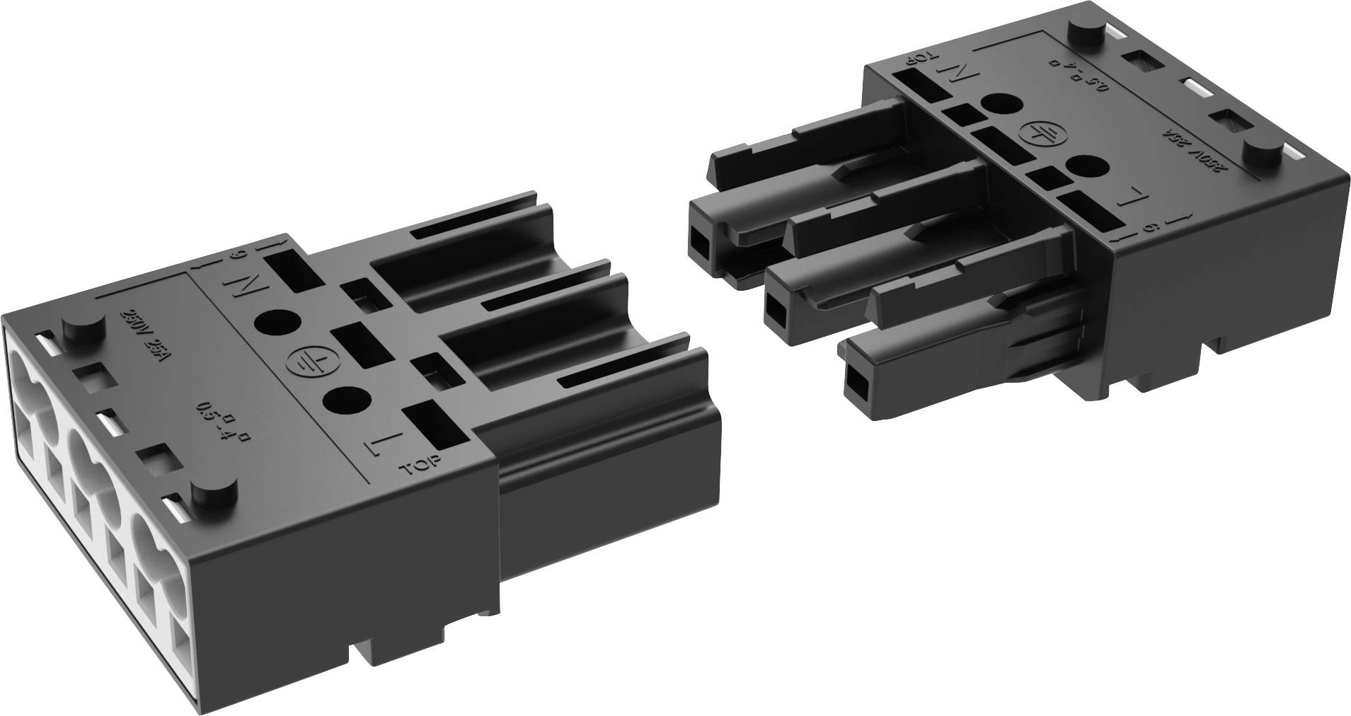 Zwei schwarze Stecker mit mehreren Buchsenöffnungen, einzeln auf weißem Hintergrund dargestellt.