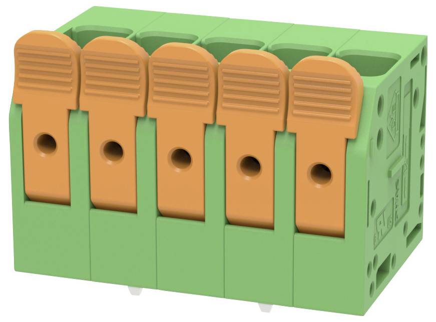 Grüner Fünf-Positionen-Elektriklemmenblock mit orangefarbenen Hebelverschlüssen, in 3D vor weißem Hintergrund dargestellt.
