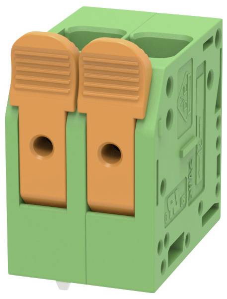 Grüner zweipoliger Anschlussblock mit orangefarbenen Entriegelungshebeln, in Nahaufnahme auf weißem Hintergrund dargestellt.