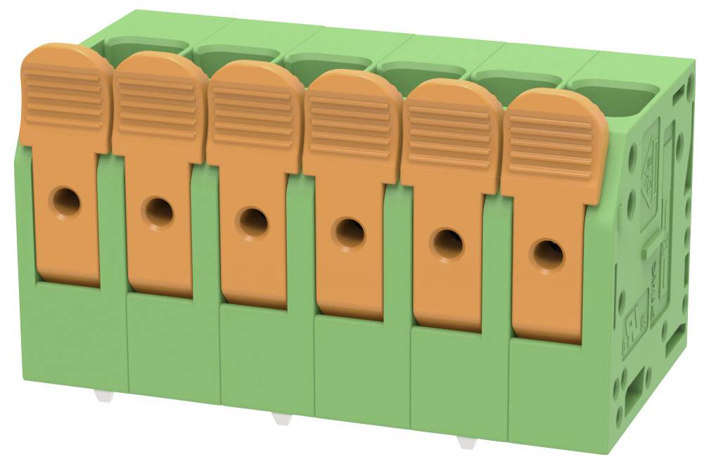 Sechspolige grüne Anschlussleiste mit orangefarbenen Hebelbetätigungen für Kabelverbindungen.
