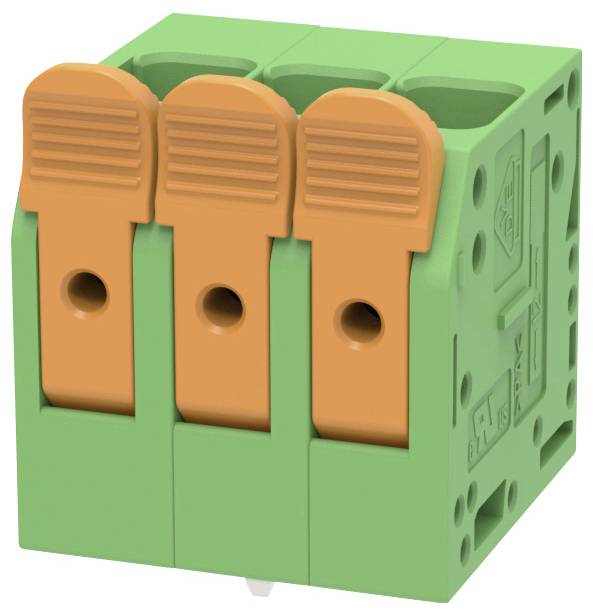 Grüner dreipoliger elektrischer Klemmblock mit orangefarbenen Federhebeln für Drahtverbindungen.