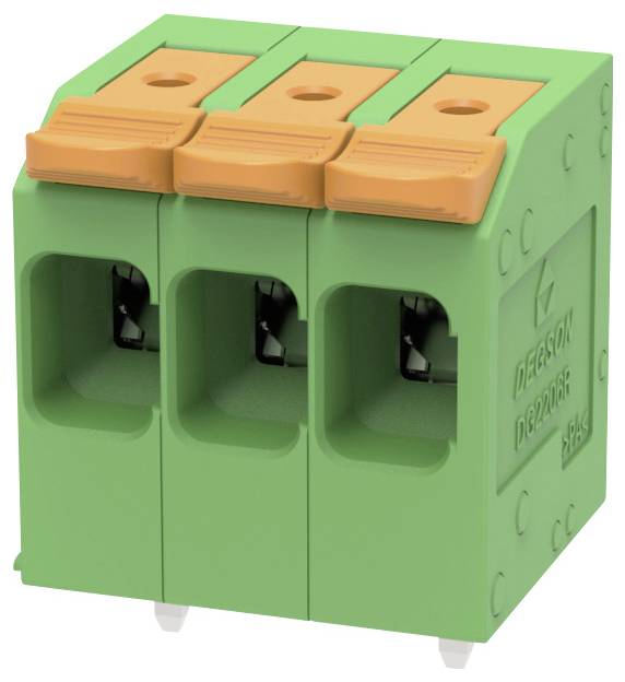 Grüner dreipoliger Elektroklemmenblock mit orangefarbenen Druckhebeln, dargestellt in einer vorderen, rechtwinkligen Produktansicht.