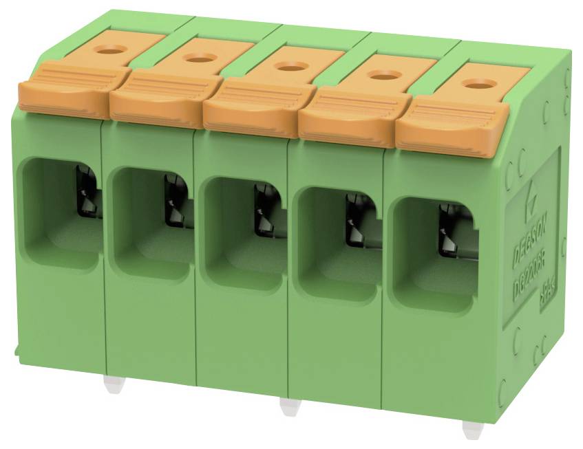 Grüne fünfpolige Klemmleistenverbinder mit orangefarbenen Hebelbefestigungen, dargestellt in einem produktiven Stilbild auf weißem Hintergrund.