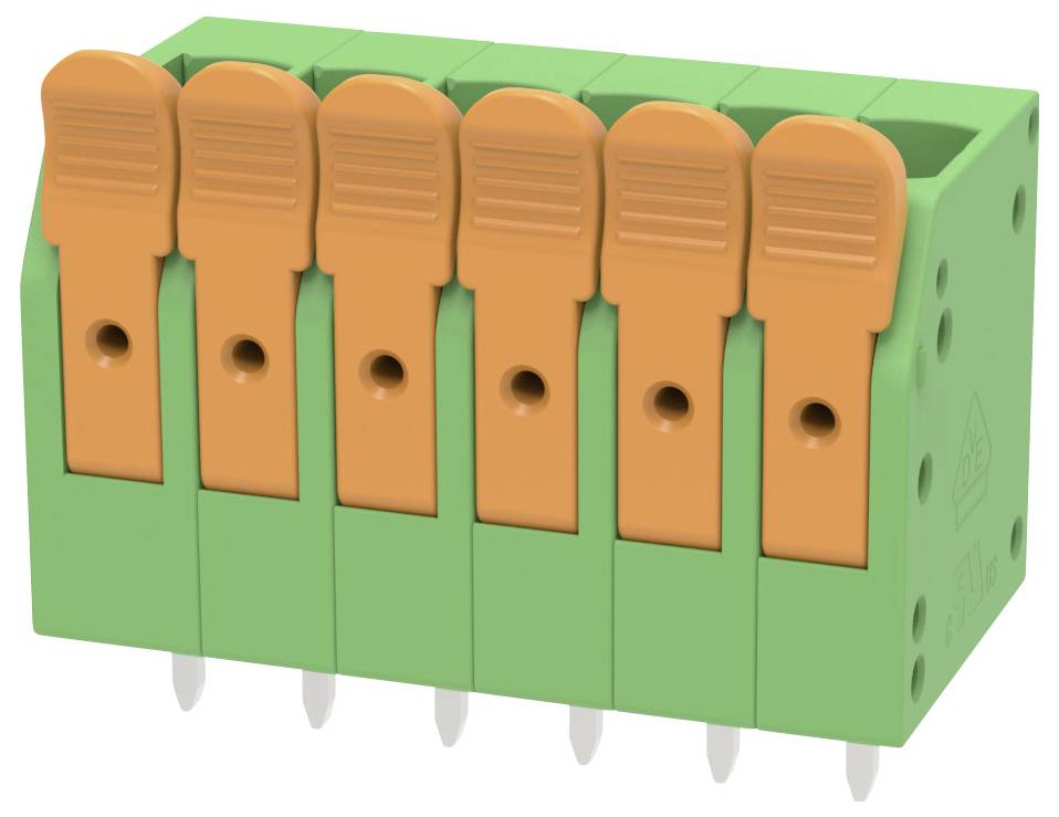 Grünes sechspoliges Elektroklemmenblatt mit orangefarbenen Hebelklemmen und sechs Metallstiften darunter.