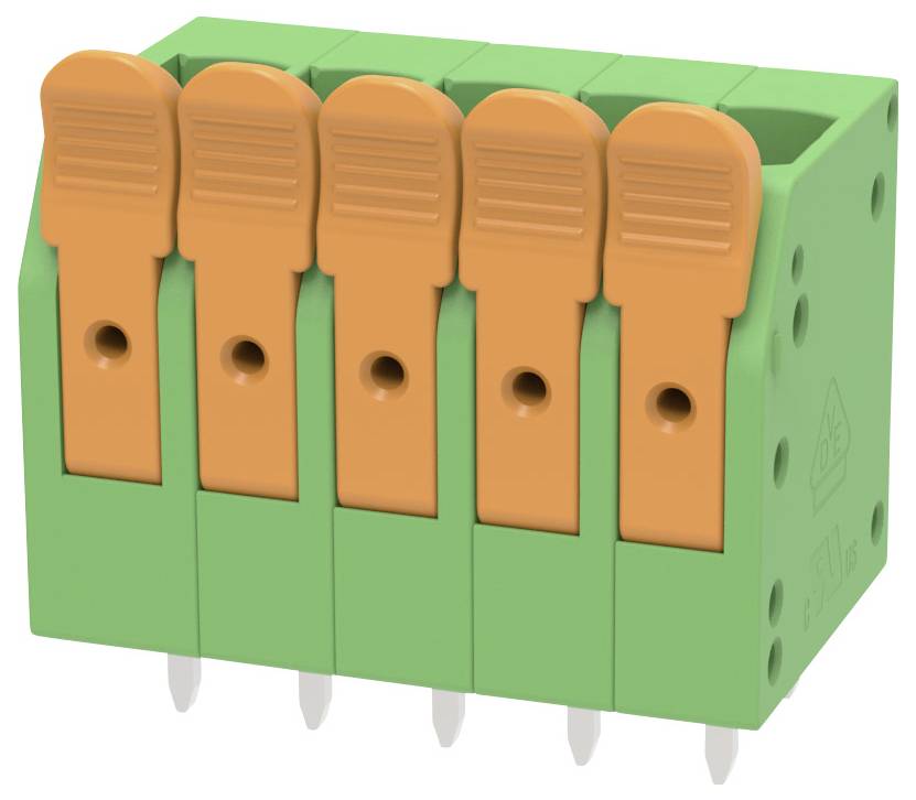 Grüner fünf-Positionen-Steckerblock mit orangefarbenen Federhebeln und Metall-Anschlußstiften, dargestellt in einer 3D-Produktansicht.