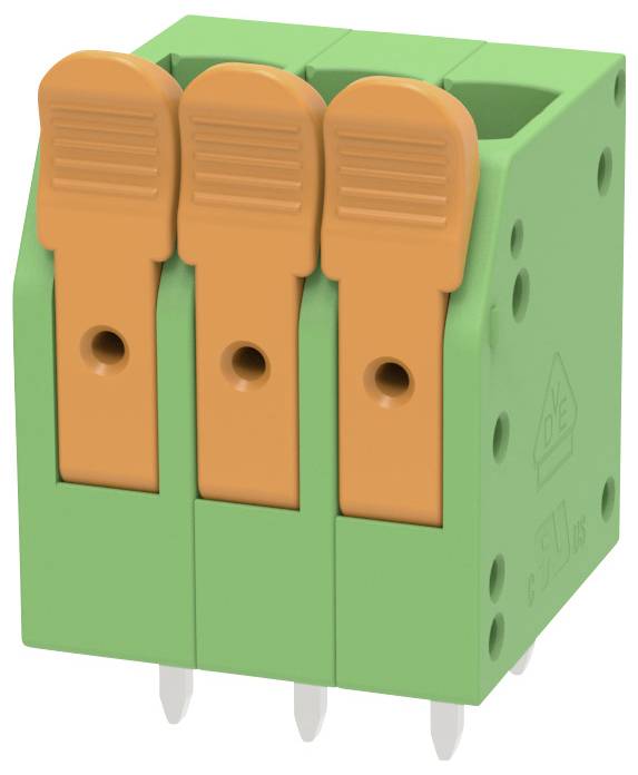 Grünes dreistelliges Elektroklemmen-Anschlussboard mit orangefarbenen Hebelverbindern und drei sichtbaren Stiften