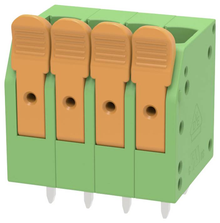 Grüner vierpoliger Elektrik-Klemmenblock mit vier orangefarbenen Hebelbefestigungen und Stiftverbindungen an der Unterseite.