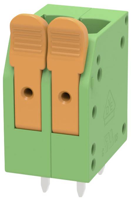 Grüner zweipoliger elektrischer Klemmblock mit zwei orangefarbenen Hebelbefestigungen und sichtbaren Metallstiften auf der Unterseite.
