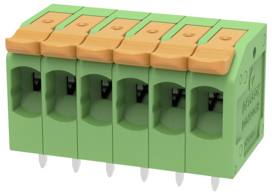 Sechspoliger grün-orangefarbener Schraubklemmen-Steckkonnector mit Drahteinführungsöffnungen und Betätigungshebeln.