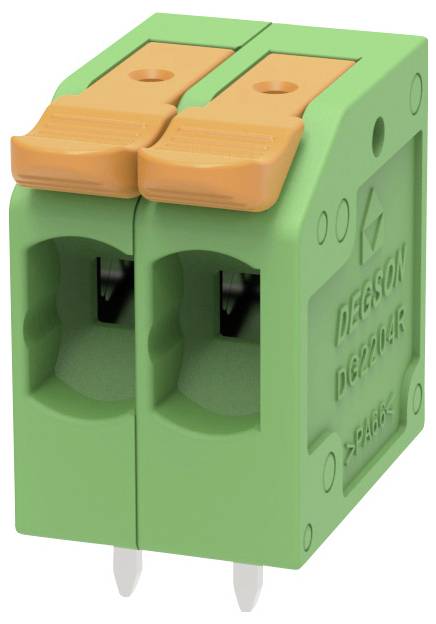 Grüner zweipoliger Schraubklemmen-Steckverbinder mit orangefarbenen Drucktabs und zwei Metallstiften, isoliert auf weißem Hintergrund dargestellt.