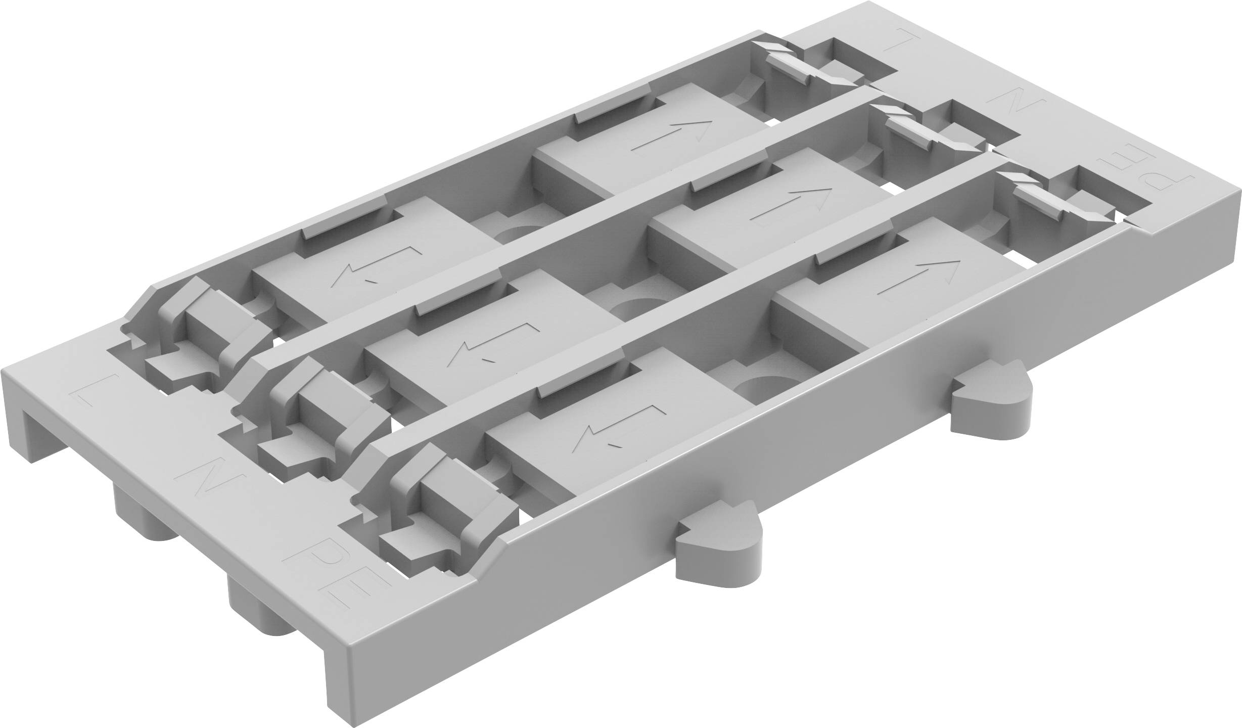3D-CAD-Rendering einer rechteckigen mechanischen Platte mit mehreren vertieften Schlitzen, Kanälen und scharnierbaren Verriegelungselementen.