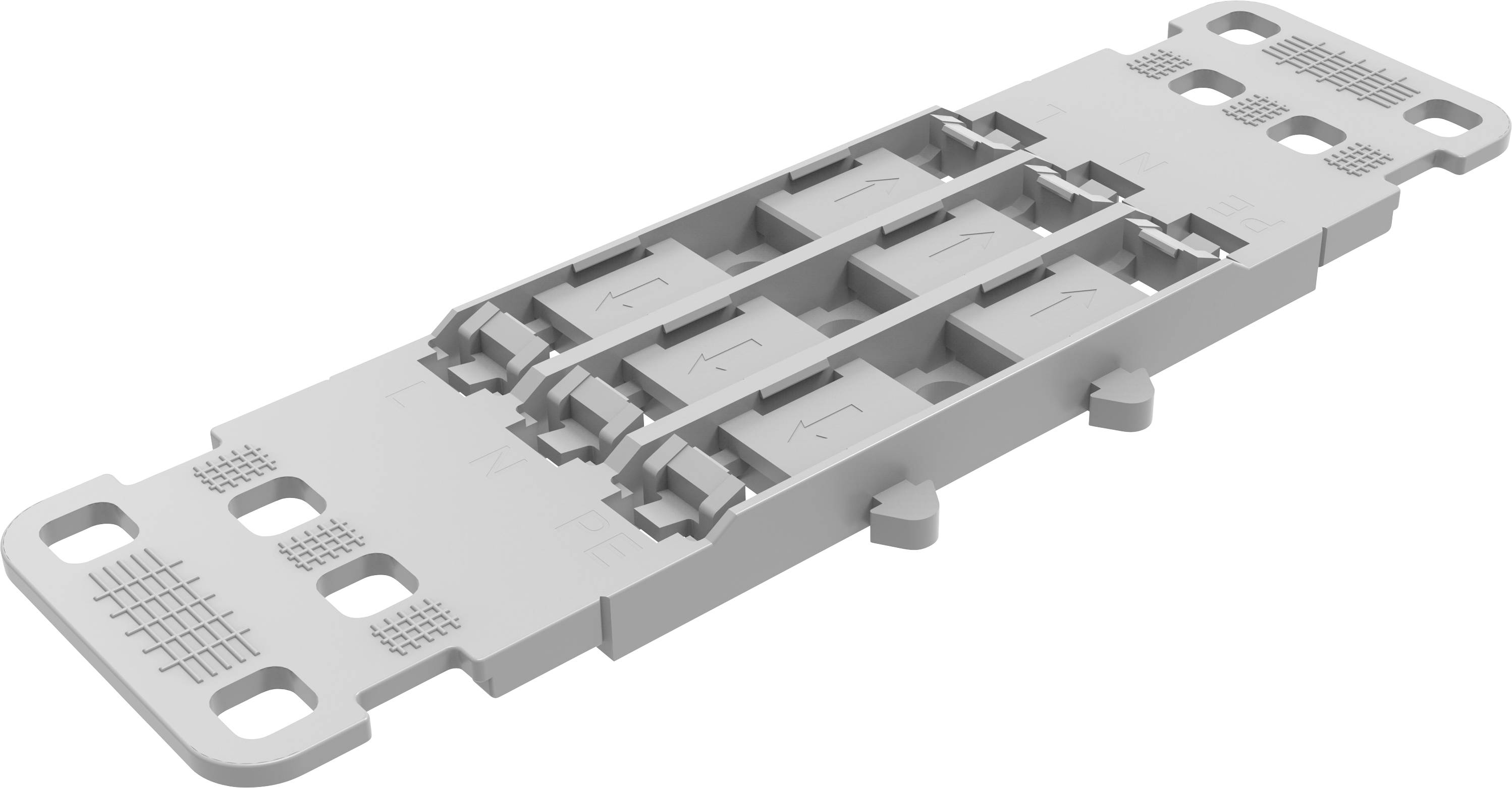 3D-Darstellung einer Metallschiebeanordnung mit zwei parallelen Führungskanälen, Befestigungssteckplätzen an beiden Enden und zentral angebrachten federbelasteten Verschlussriegeln auf weißem Hintergrund