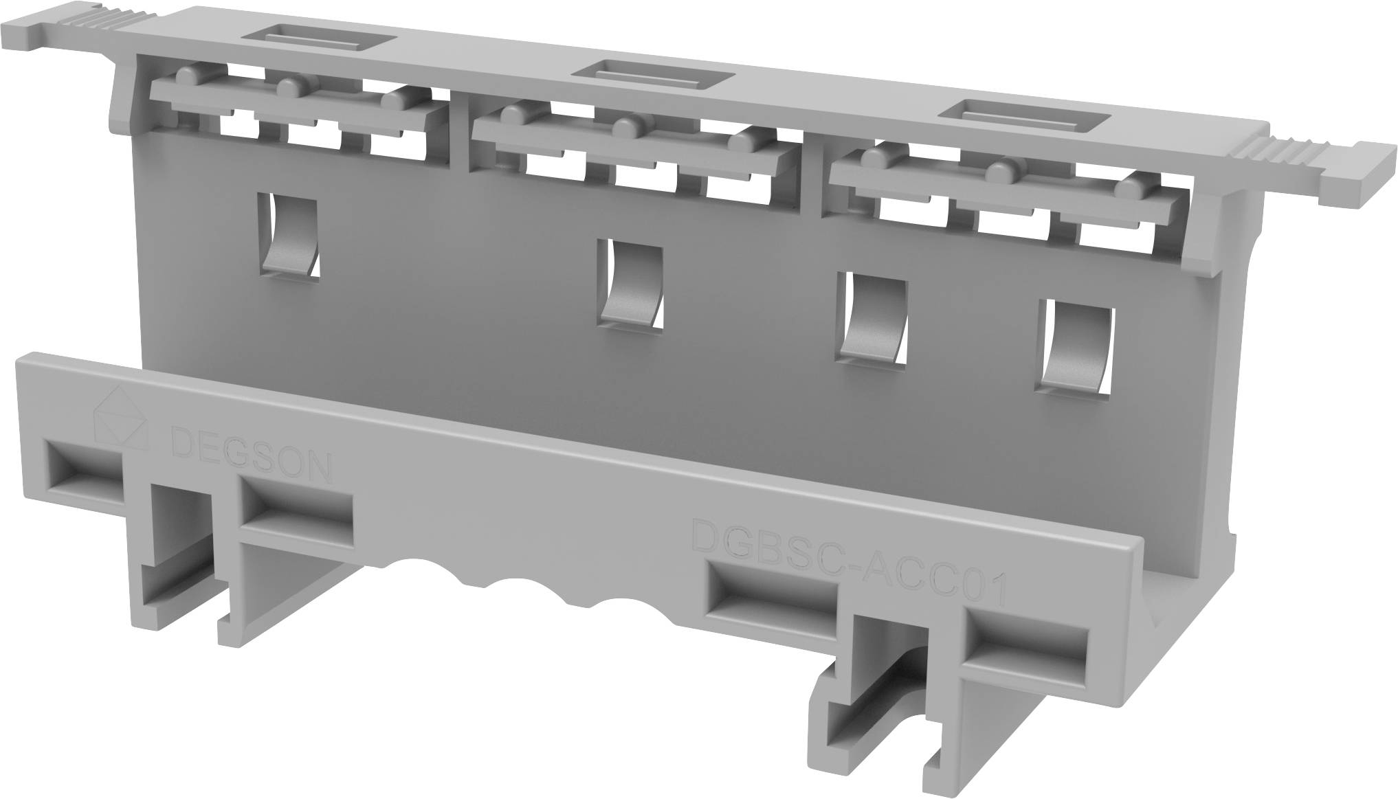 Graues Kunststoff-Elektroverbinder-Klemmleistenblock mit mehreren Schlitzen und Befestigungslaschen, perspektivisch auf weißem Hintergrund dargestellt.