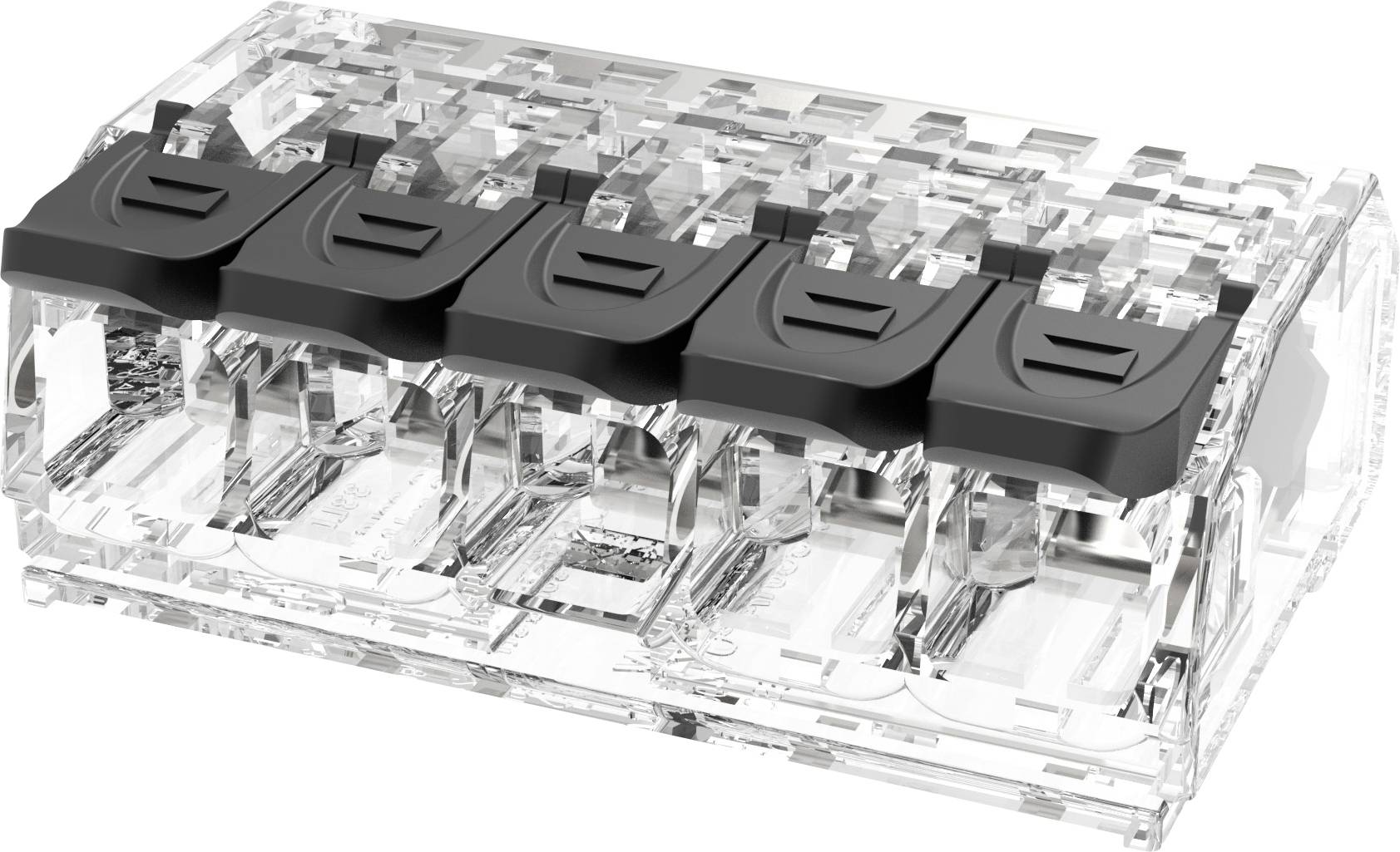 Transparentes elektrisches Anschlussblock mit fünf schwarzen Scharnierhebelna oben, gezeigt in einer produktstylisierten Nahaufnahme.