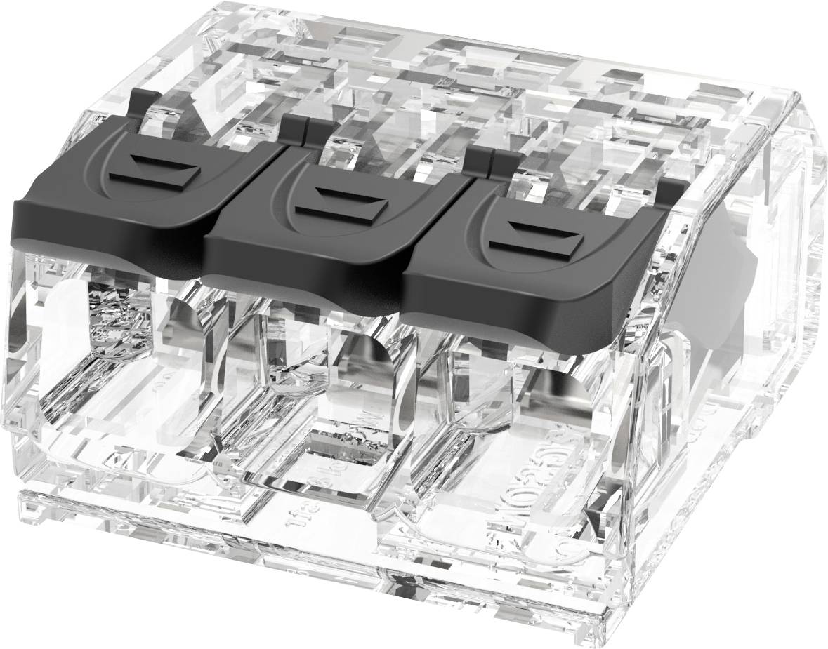 Dreipoliger transparenter elektrischer Stecker mit schwarzen Verriegelungshebeln, in Nahaufnahme auf weißem Hintergrund dargestellt.