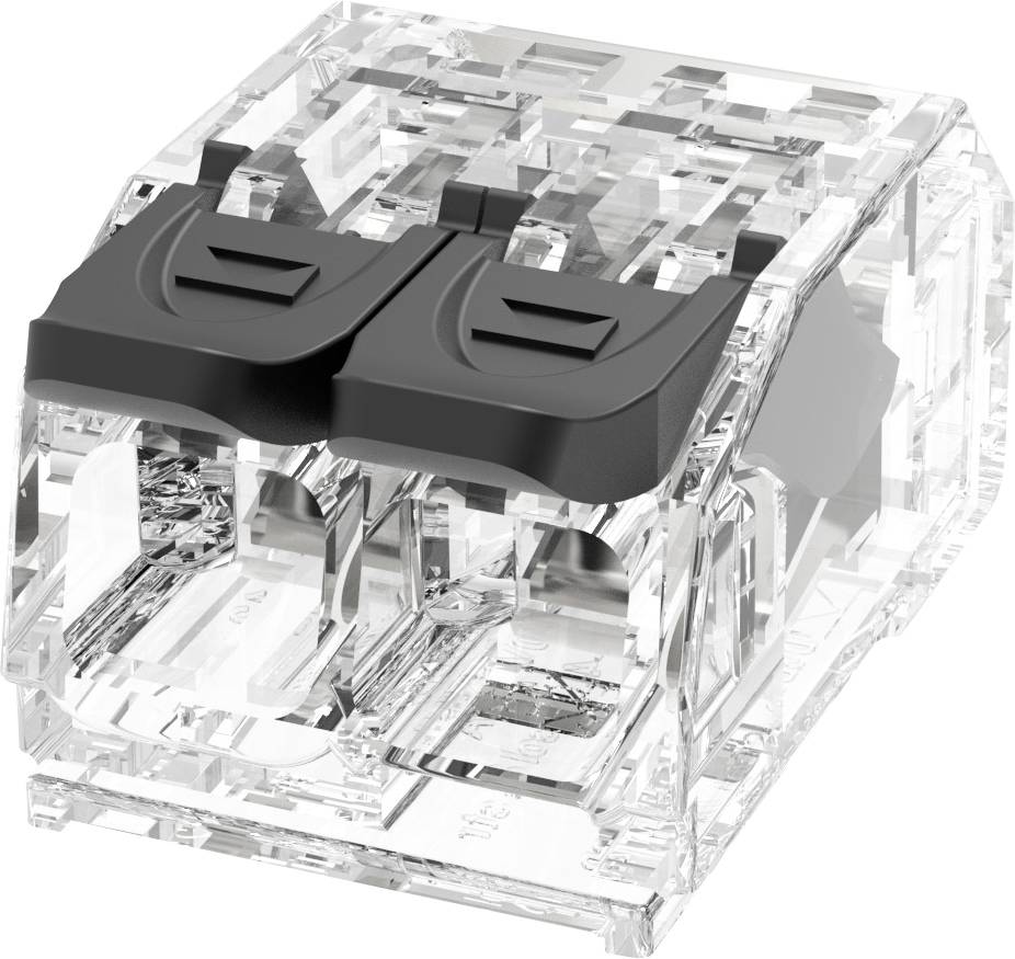 Nahaufnahme eines transparenten mechanischen Tastaturschalters mit einer schwarzen Doppeltastkappe, die seine inneren Komponenten und Struktur zeigt.