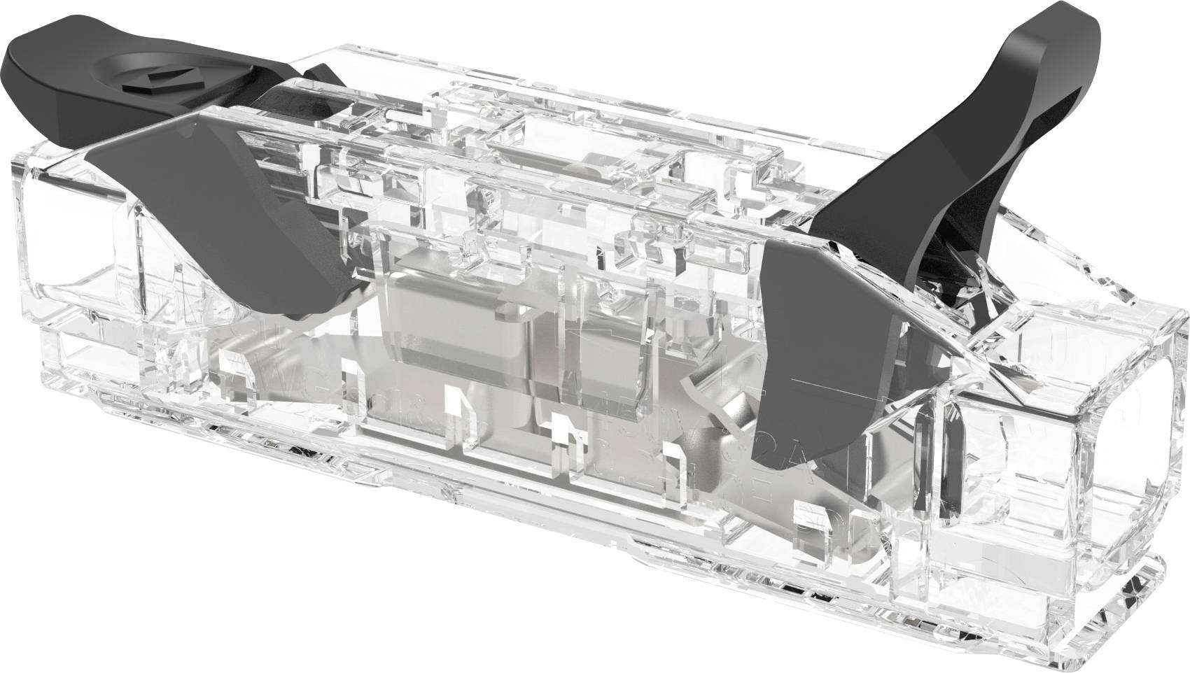 Transparentes mechanisches Gerät mit zwei schwarzen hebelartigen Griffen, dargestellt in einer Schnittansicht, die innere Komponenten und Verbindungselemente offenlegt.