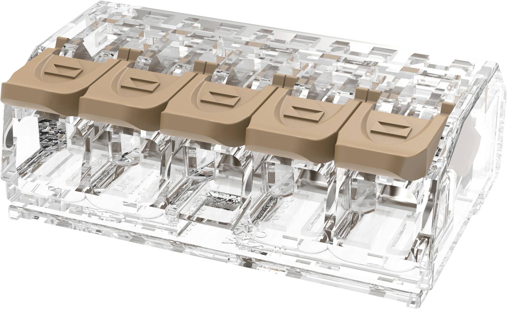 Transparentes Mehrschacht-Tastaturschalter-Gehäuse mit fünf beigen Tastenkappen oben, dargestellt in einer produktstilisierten 3D-Darstellung.
