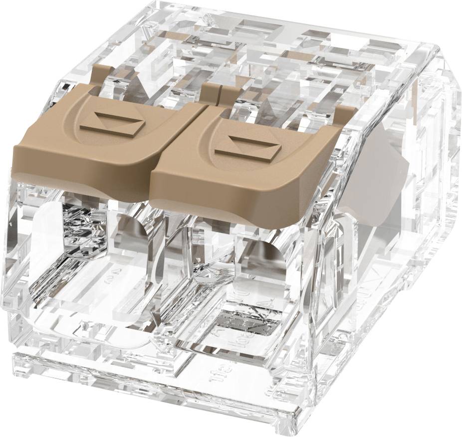 Nahaufnahme eines transparenten mechanischen Tastaturschalters mit zwei beigen Tastenkappen, die die innere Struktur auf weißem Hintergrund zeigen.