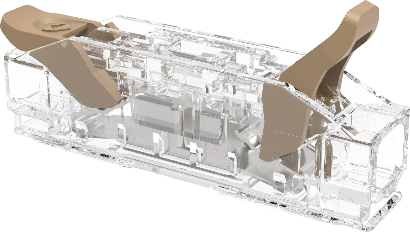 Transparenter mechanischer Schalter mit zwei kupferfarbenen Armen in einem klaren Gehäuse, gezeigt in Nahaufnahme auf weißem Hintergrund.