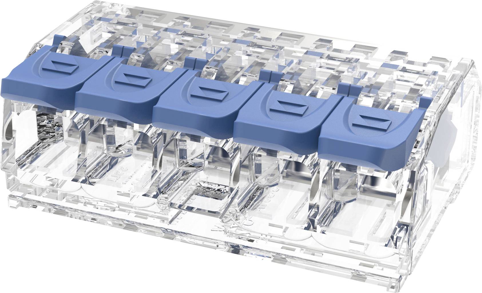 Transparentes modulares Elektronikgehäuse mit fünf blauen Verschlusshütern auf einem klaren rechteckigen Gerätebehälter, das interne Komponenten zeigt.