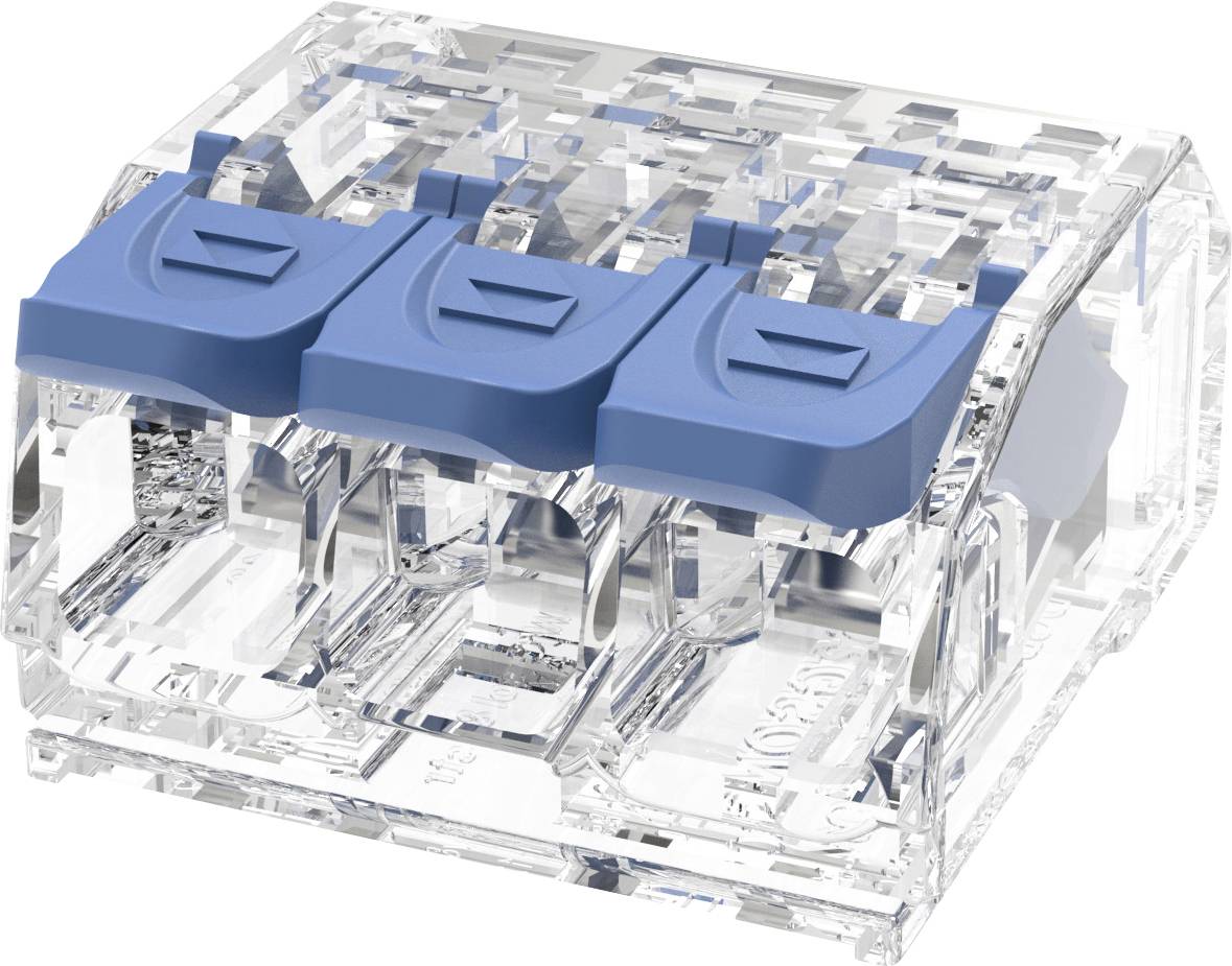 Dreipoliger durchsichtiger Kunststoff-Elektrostecker mit blauen Arretierungshebeln, zeigt interne Verdrahtungskontakte.