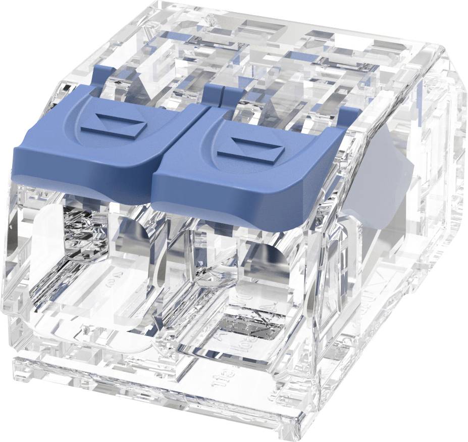 Transparenter RJ45-Ethernet-Stecker mit blauen doppelten Entriegelungslaschen, dargestellt in Nahaufnahme auf weißem Hintergrund.