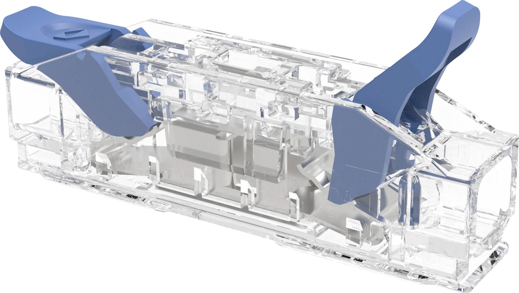 Transparente Patrone mit zwei blauen Drucktabs, die die internen mechanischen Komponenten in einem durchsichtigen Kunststoffgehäuse zeigt.