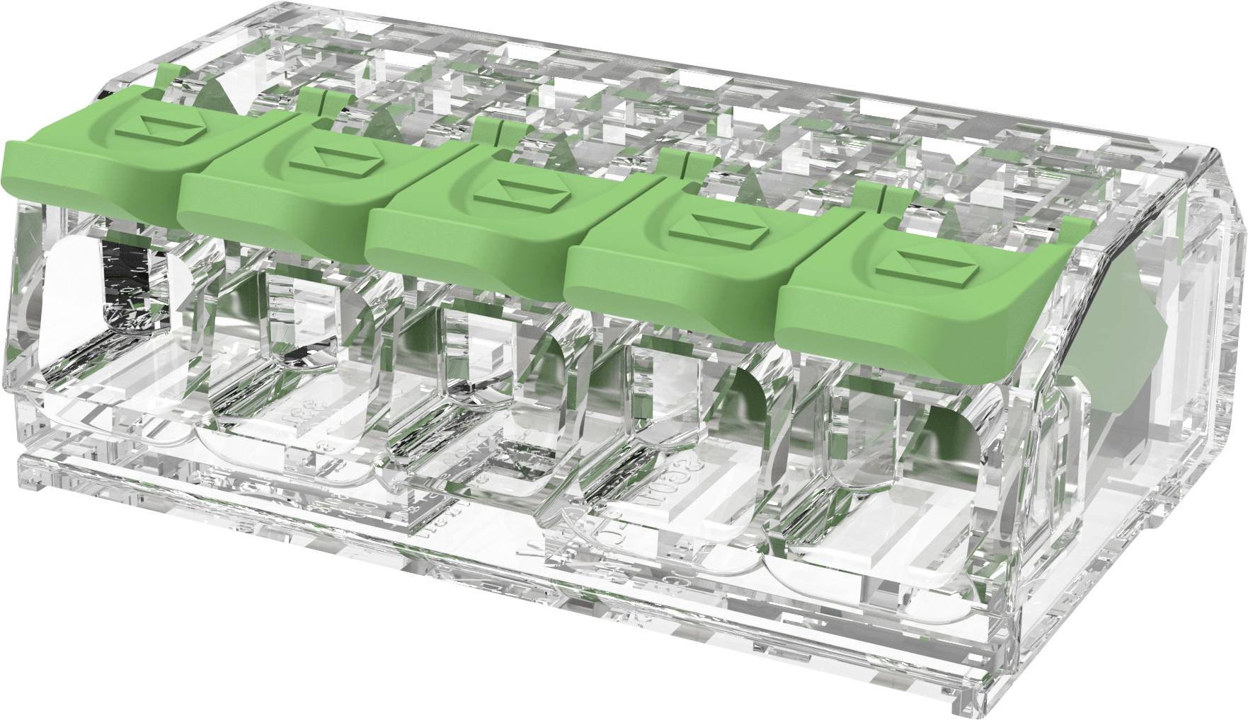 Klarer Kunststoff-Elektrostecker mit fünf grünen Verriegelungsreitern oben, gezeigt in einer produktstylisierten 3D-Ansicht.