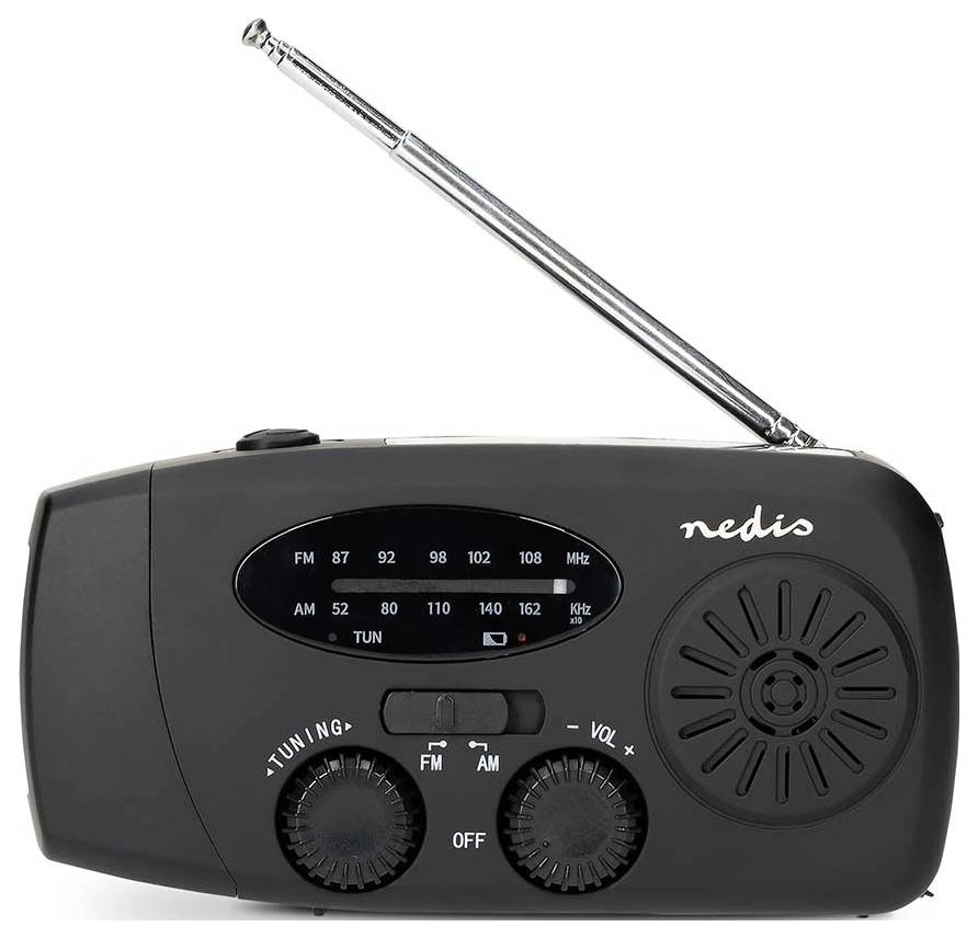 Ein tragbares schwarzes Radio mit ausziehbarer Antenne, das FM/AM-Frequenzen, Abstimmungs- und Lautstärkeregler sowie einen Lautsprecher auf der rechten Seite zeigt.