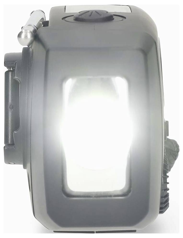 Eine tragbare Taschenlampe mit grauem Griff und heller weißer Leuchte, die eingeschaltet ist, von vorne betrachtet.